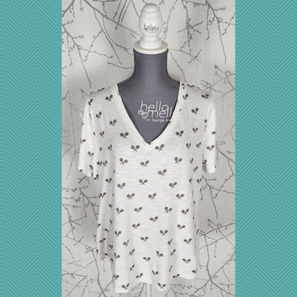 Ricki's White Tennis Racket Print Cotton Modal V-Neck Tee